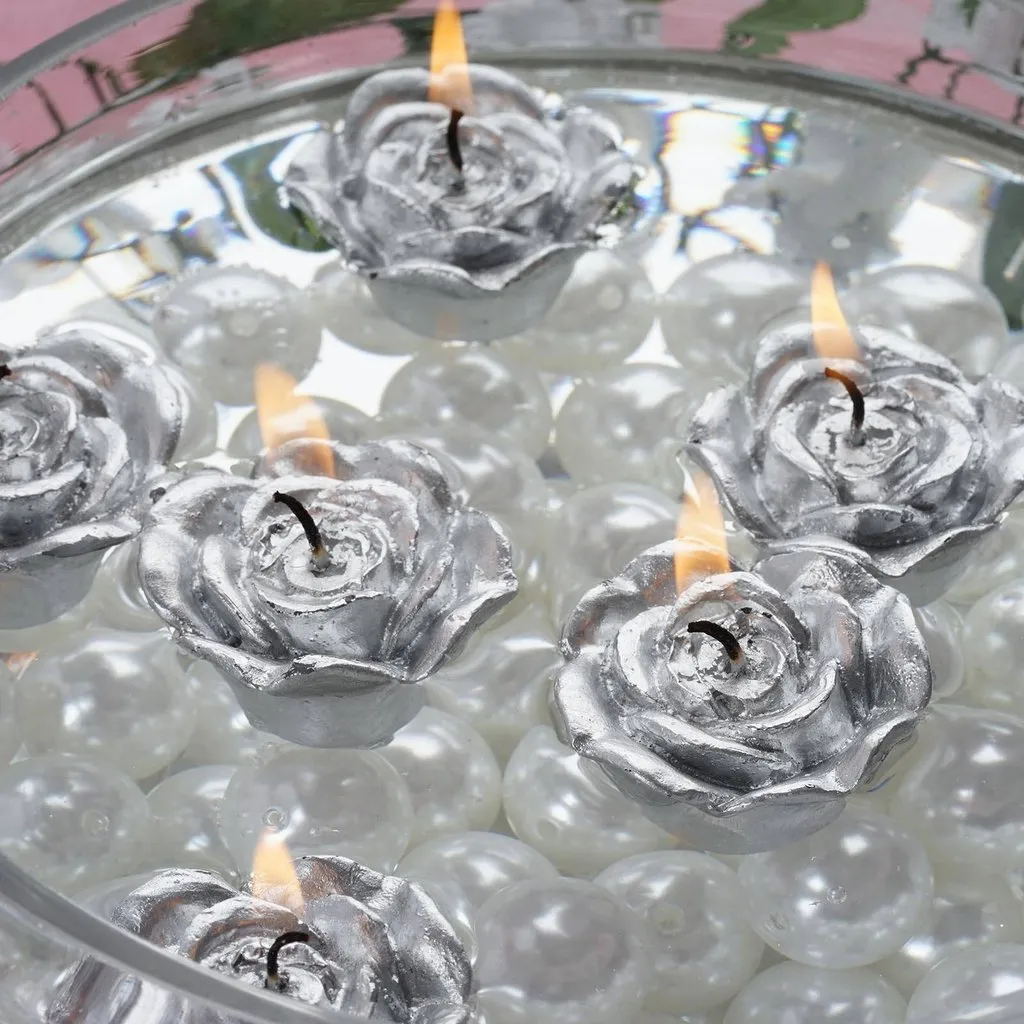 12 PCS Silver Rose Mini Floating Candles Wedding Birthday Party Centerpiece Decor