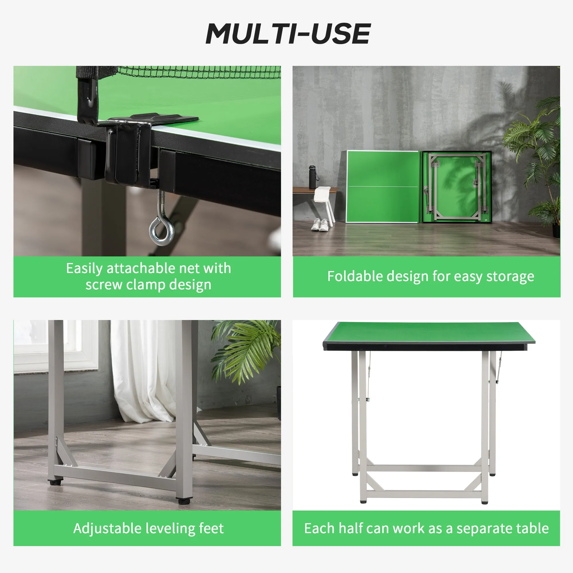 182cm Mini Tennis Table Folding Ping Pong Table with Net Multi-Use Table for Indoor Outdoor Game, Green