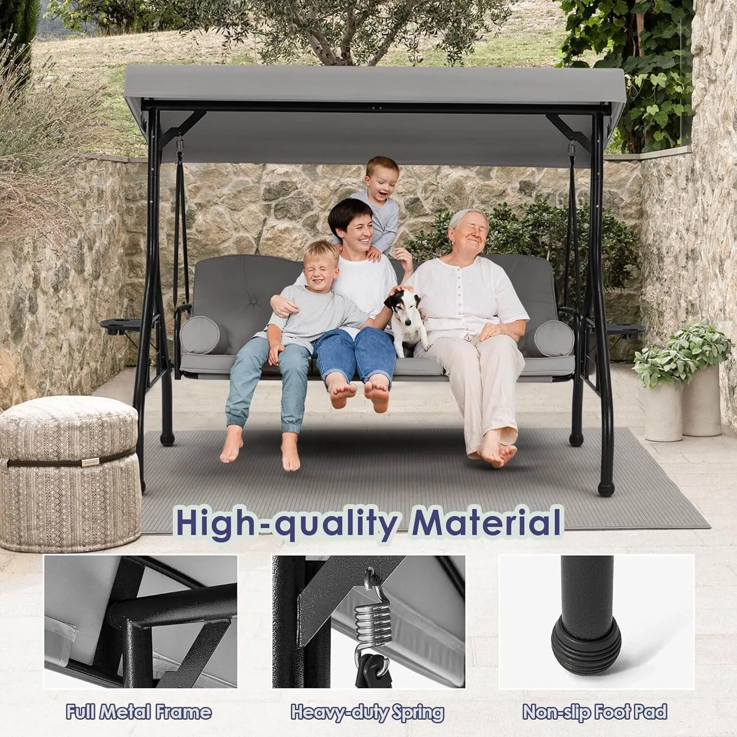 3-Seat Outdoor Porch Swing with Adjustable Canopy and Backrest, Gray