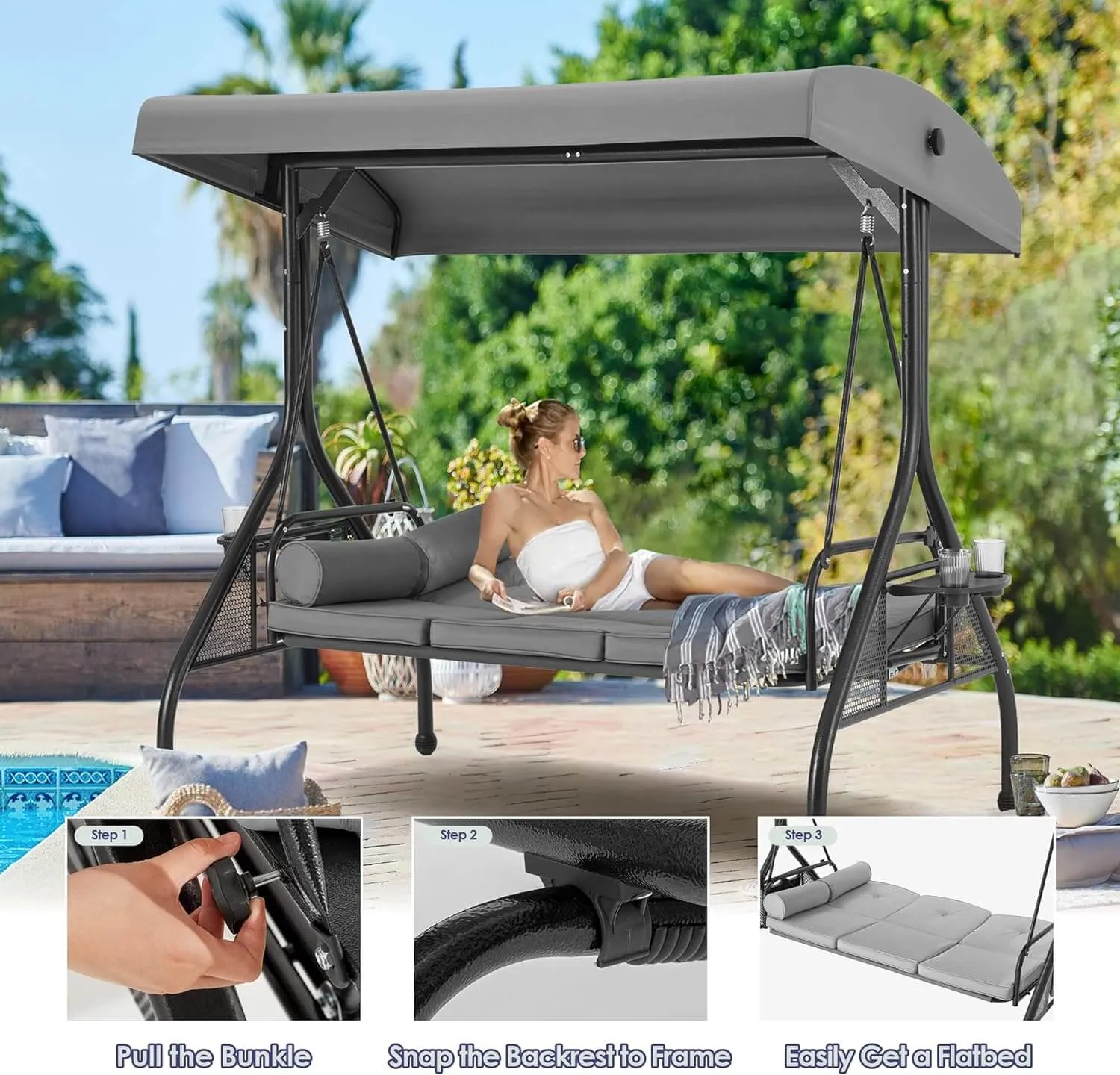 3-Seat Outdoor Porch Swing with Adjustable Canopy and Backrest, Gray
