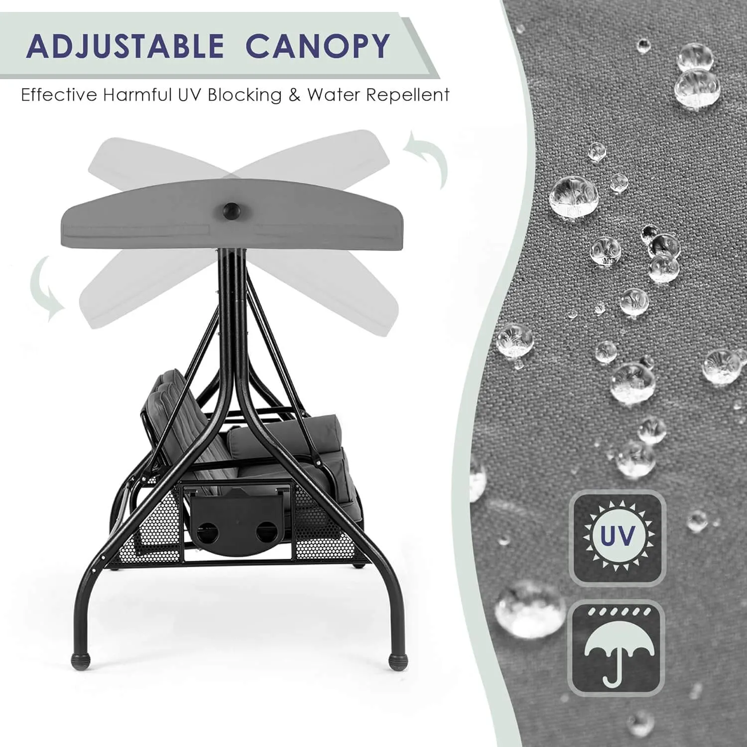 3-Seat Outdoor Porch Swing with Adjustable Canopy and Backrest, Gray