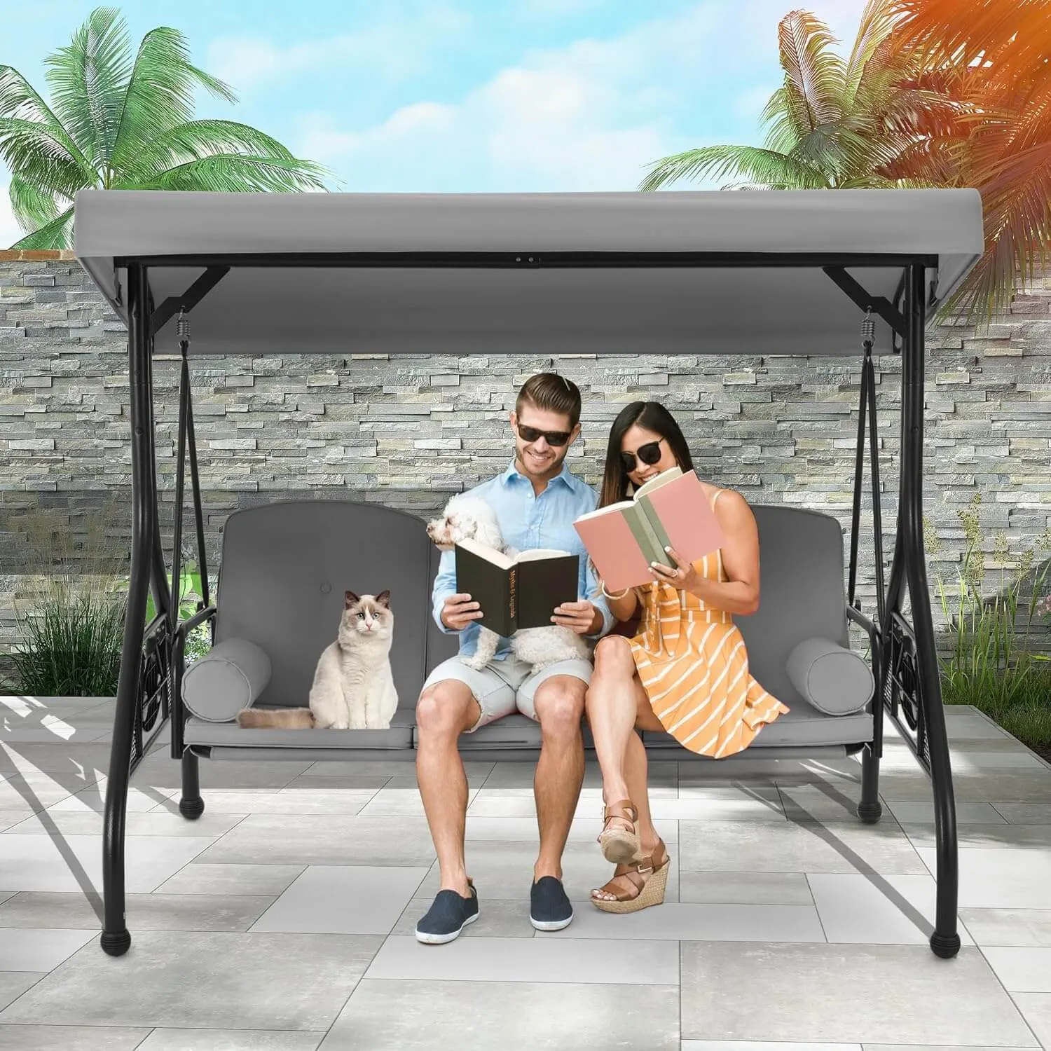 3-Seat Outdoor Porch Swing with Adjustable Canopy and Backrest, Gray