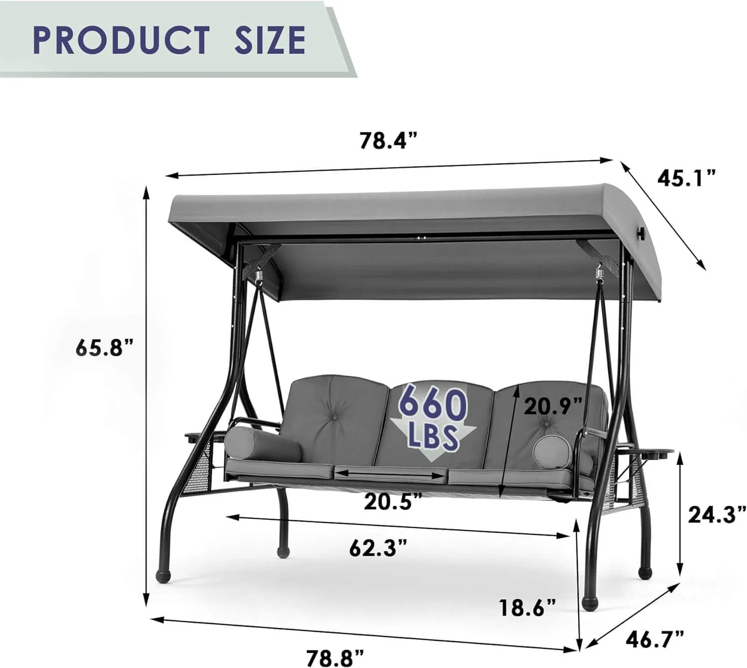 3-Seat Outdoor Porch Swing with Adjustable Canopy and Backrest, Gray