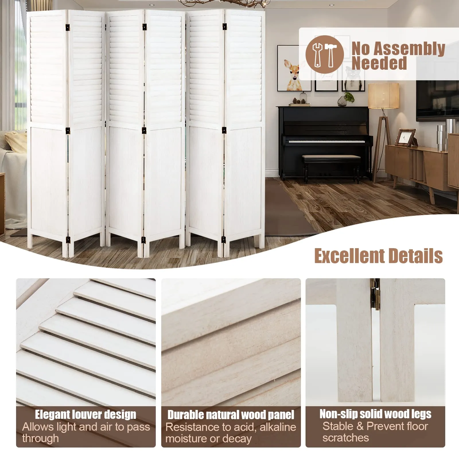 6 Panels Room Divider 5.6ft Folding Privacy Screen with 360 Degree Hinges, White