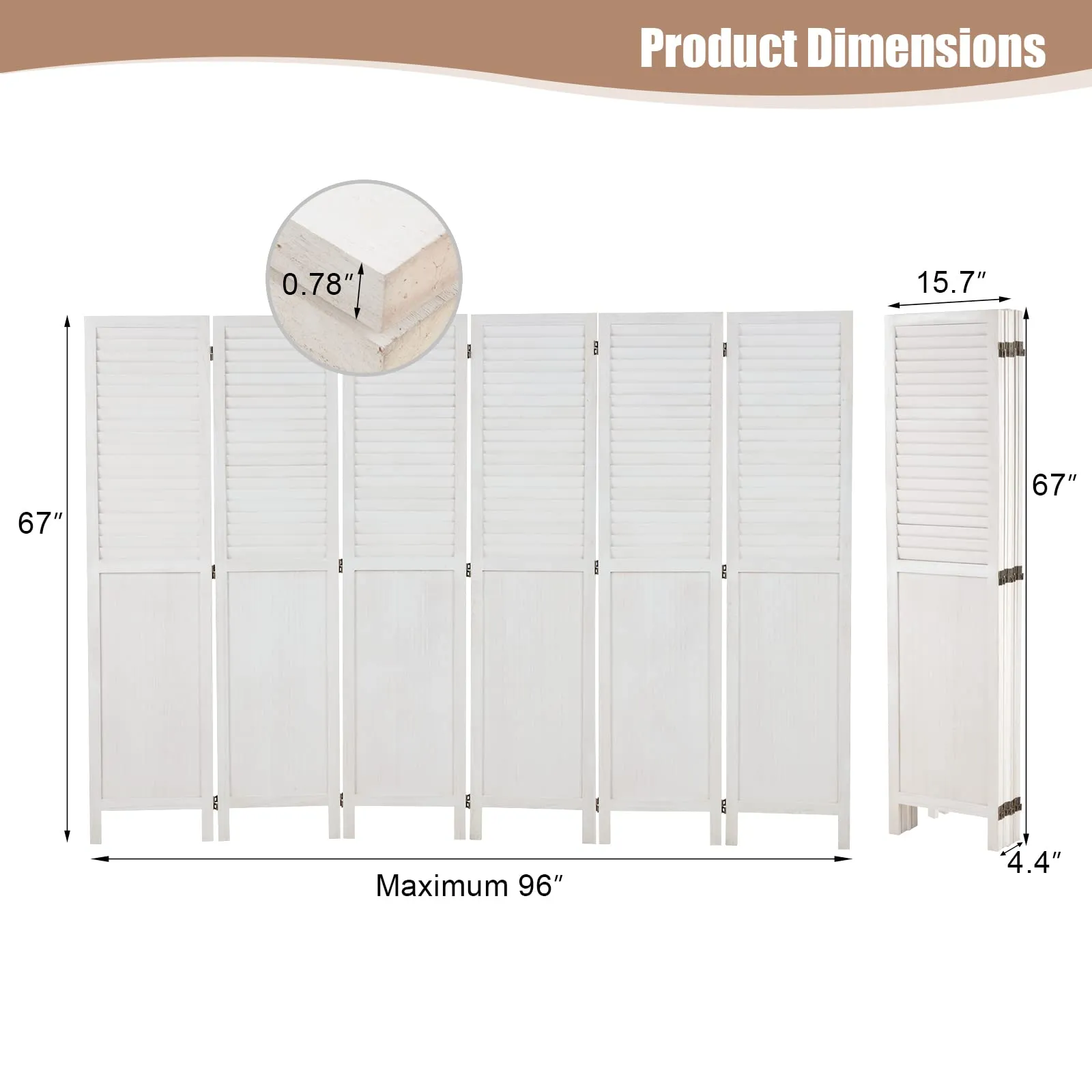 6 Panels Room Divider 5.6ft Folding Privacy Screen with 360 Degree Hinges, White