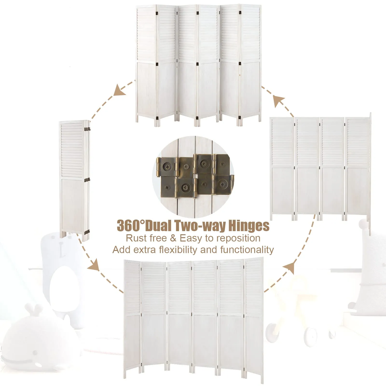 6 Panels Room Divider 5.6ft Folding Privacy Screen with 360 Degree Hinges, White