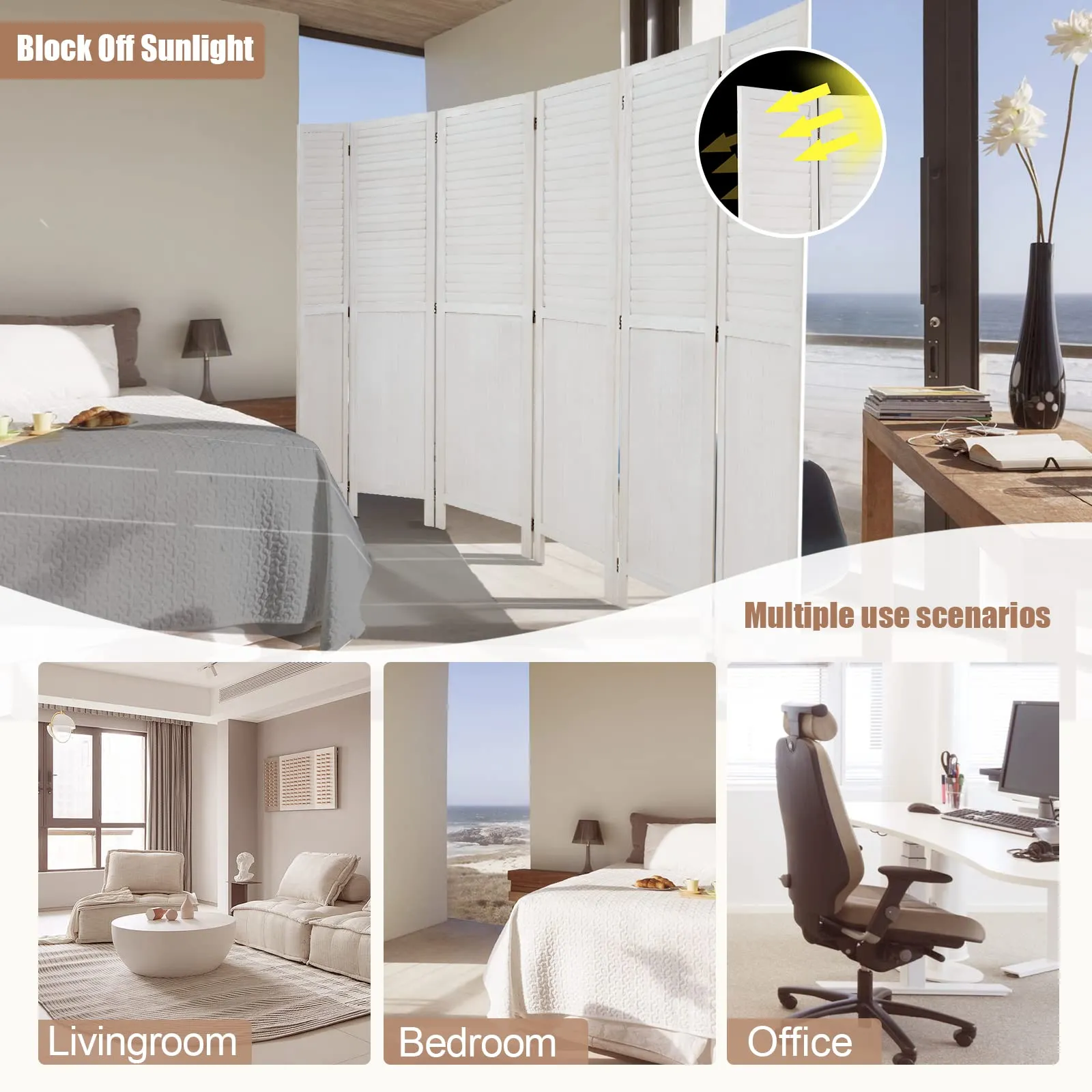 6 Panels Room Divider 5.6ft Folding Privacy Screen with 360 Degree Hinges, White