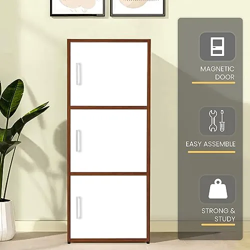 ABOUT SPACE Wooden Cabinet - 3 Tier Engineered Wood Storage Cabinet for Living Room with Magnetic Door, Space Saving Furniture for Home, Kitchen (Oak Red - L 1.5 x B 1.2 x H 3.5 ft)