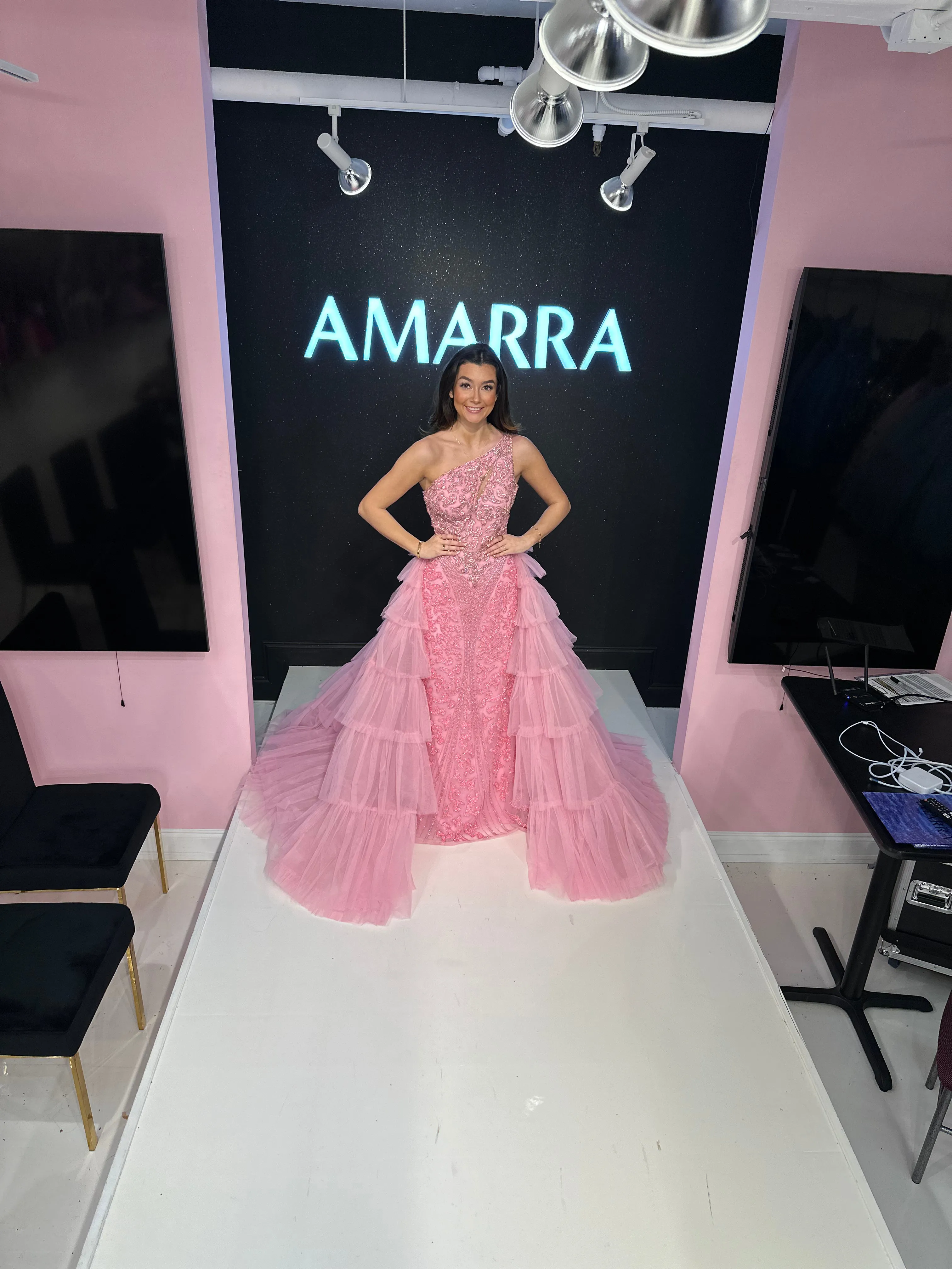 Amarra 88147 Beaded One Shoulder Pageant Dress Tier Overskirt Formal Gown Crystal Formal