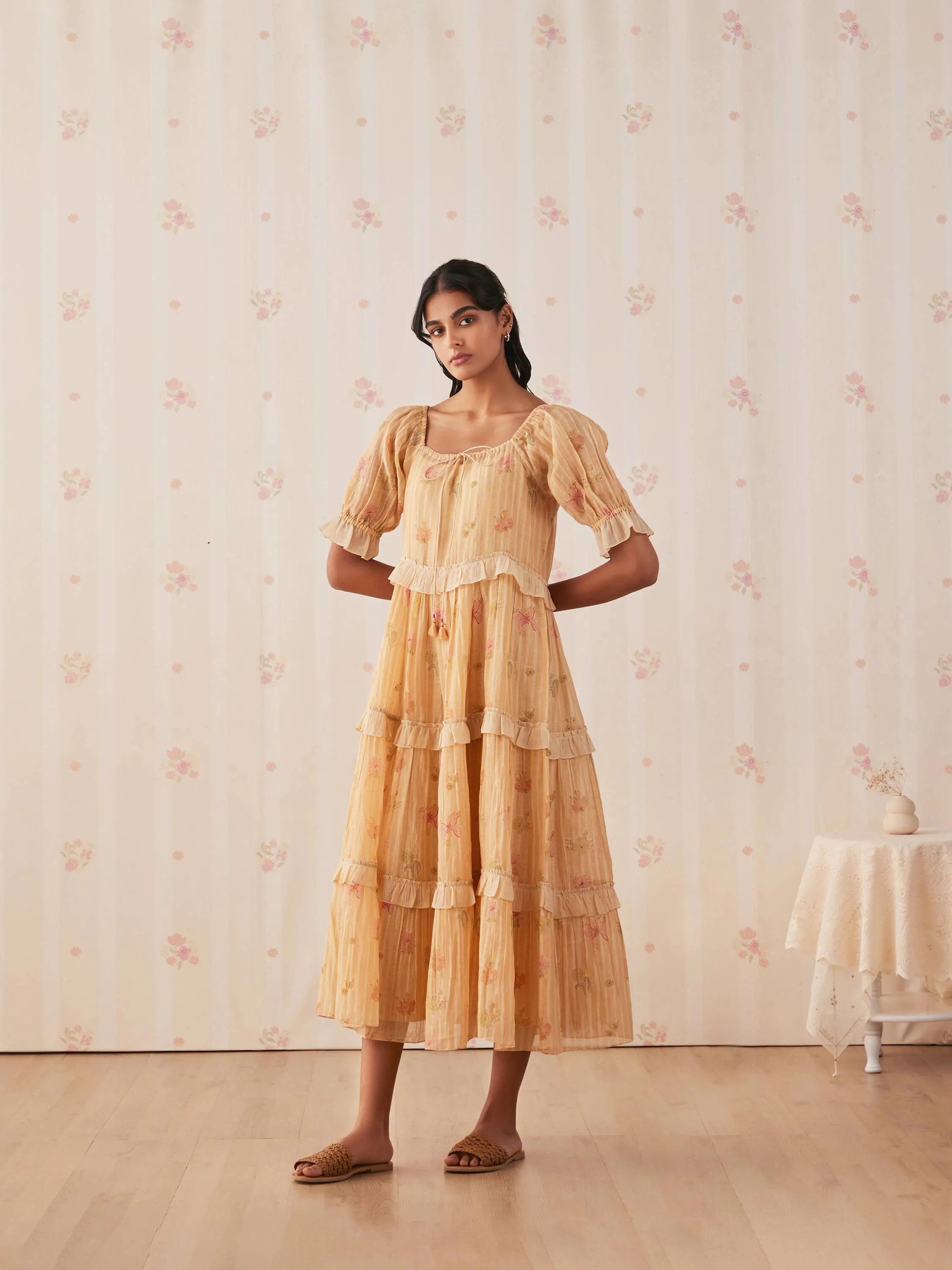 Apricot Ruffle Midi Dress