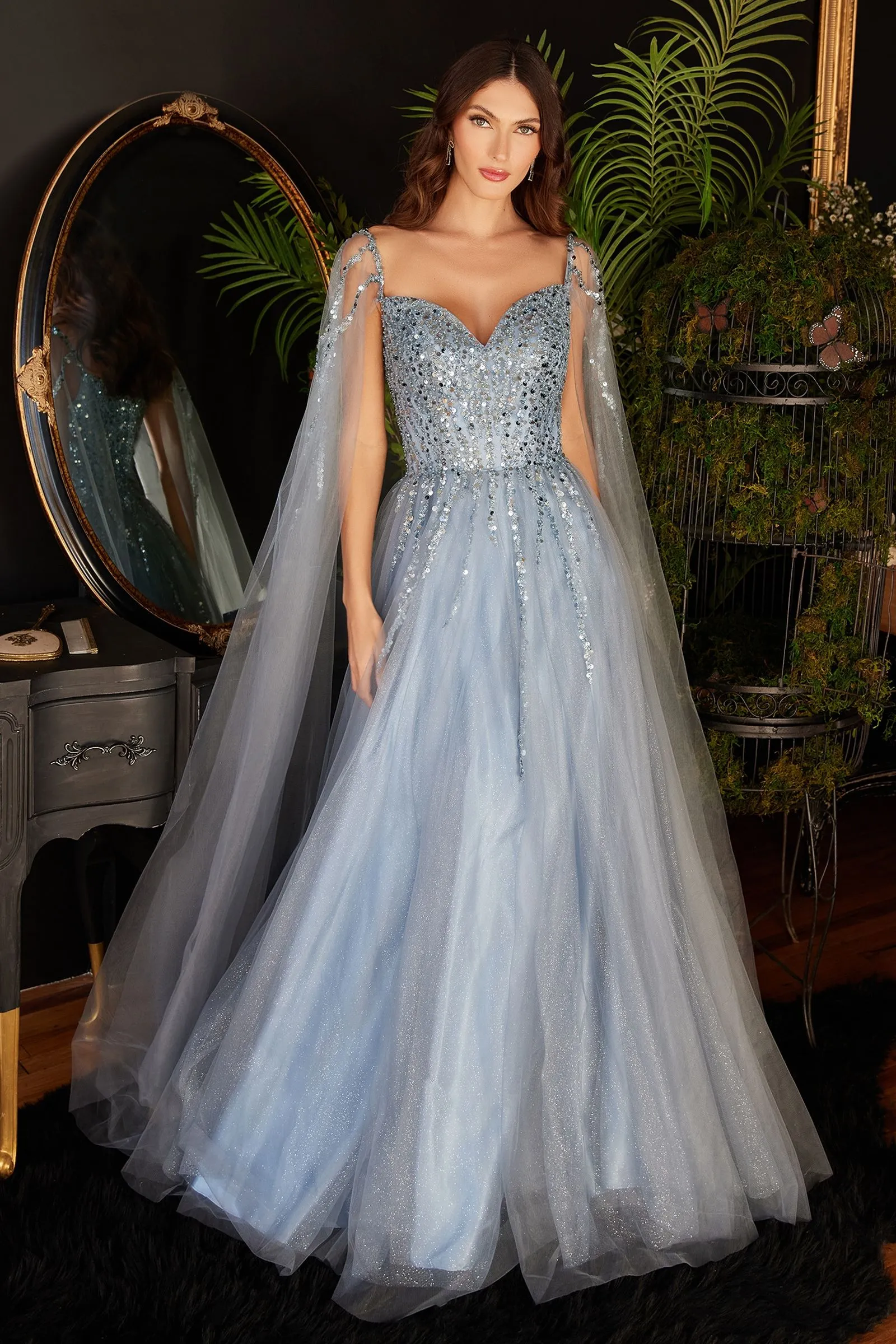 BEADED A-LINE WITH CAPE SLEEVES CDCD0204