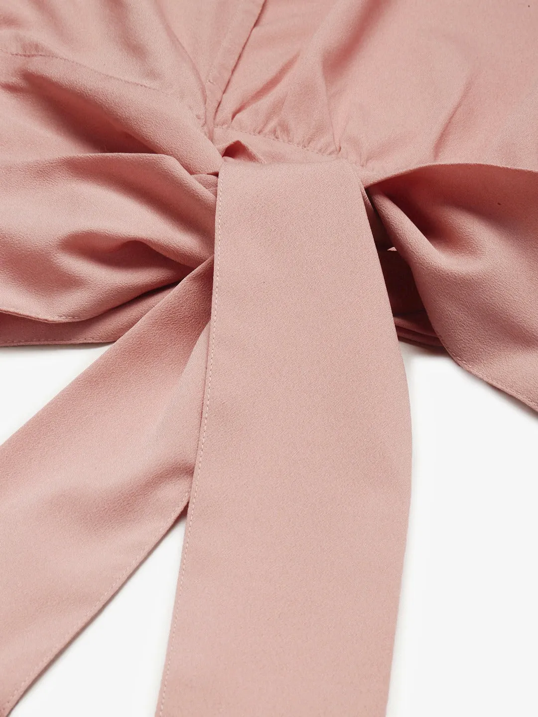 Berrylush Women Solid Peach Open-Back Blouson Crop Top
