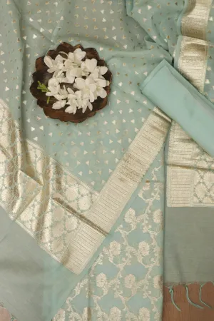 Blue Banarasi Chanderi Silk Three Piece Unstitched Suit Set