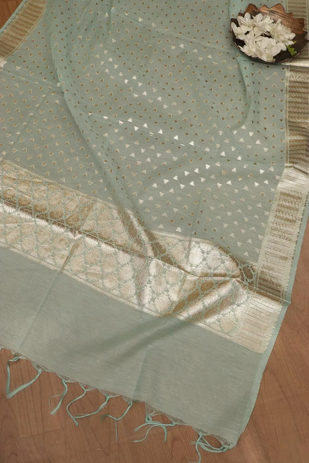 Blue Banarasi Chanderi Silk Three Piece Unstitched Suit Set