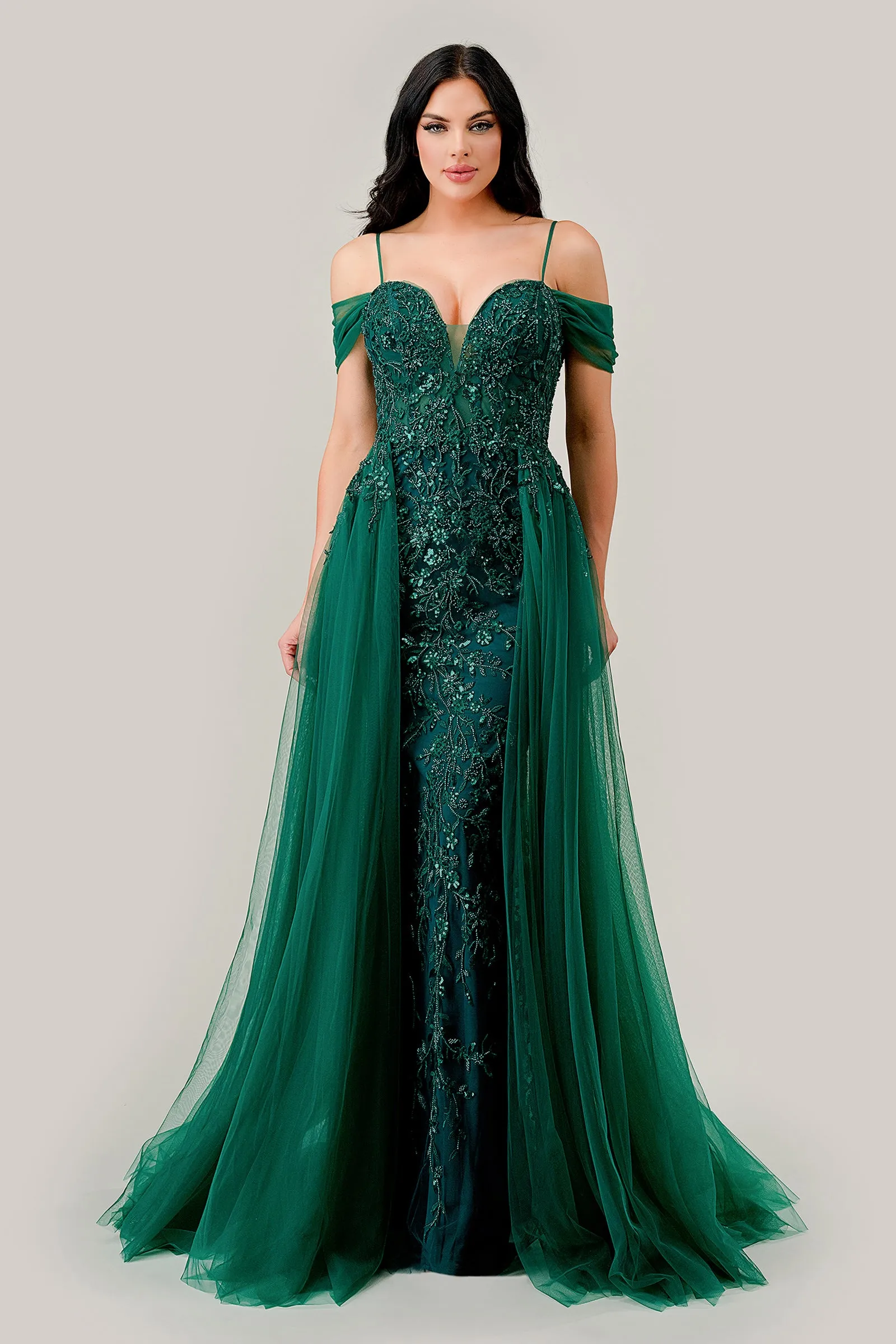 CINDERELLA DIVINE SF009 Off-Shoulder Tulle Gown with Overskirt