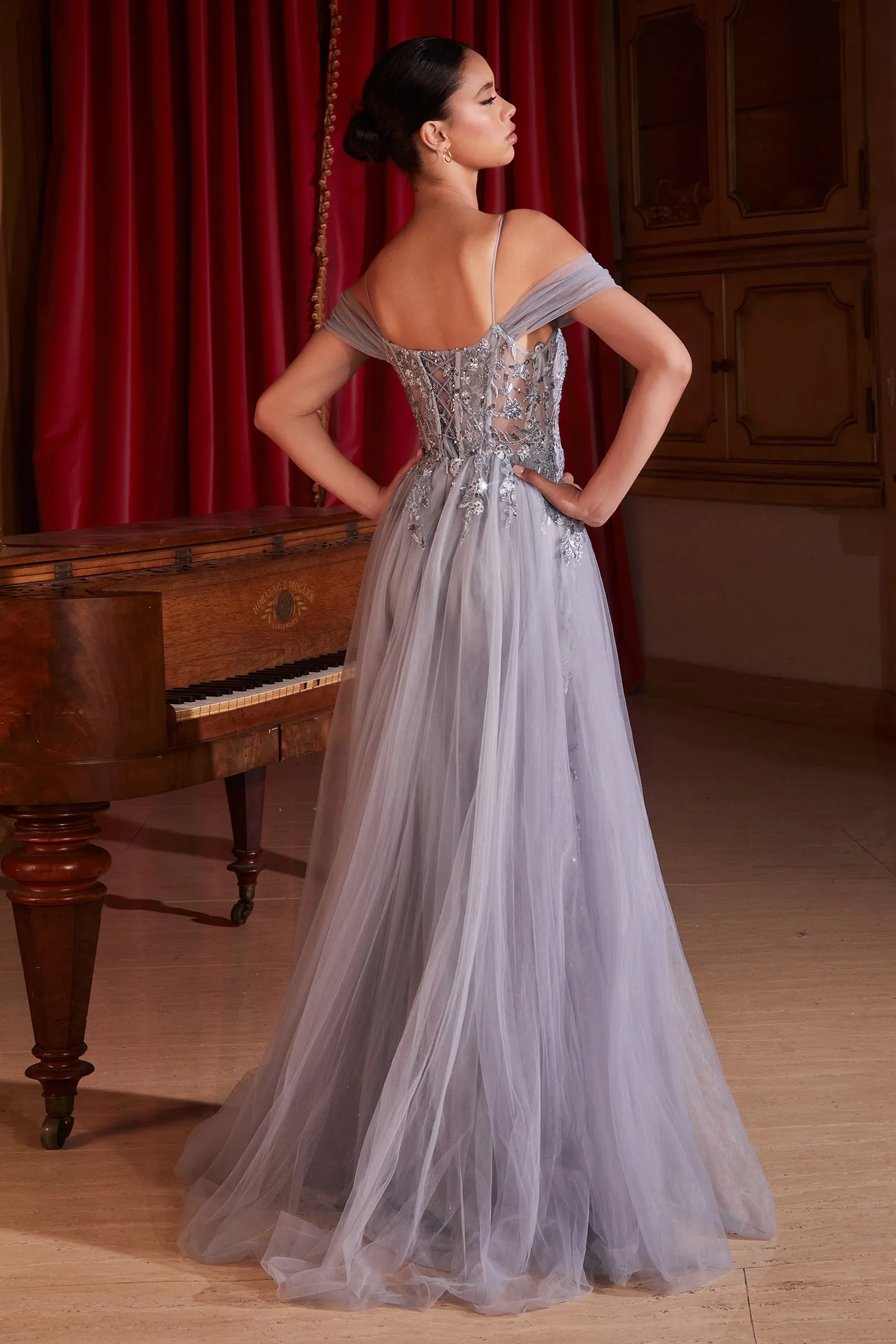 CINDERELLA DIVINE SF009 Off-Shoulder Tulle Gown with Overskirt