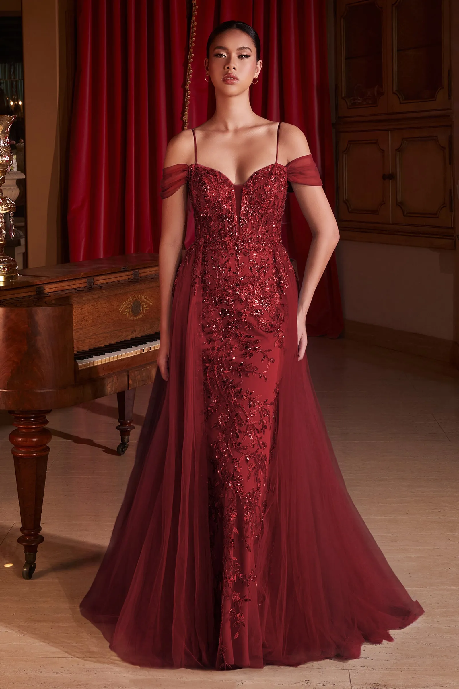 CINDERELLA DIVINE SF009 Off-Shoulder Tulle Gown with Overskirt