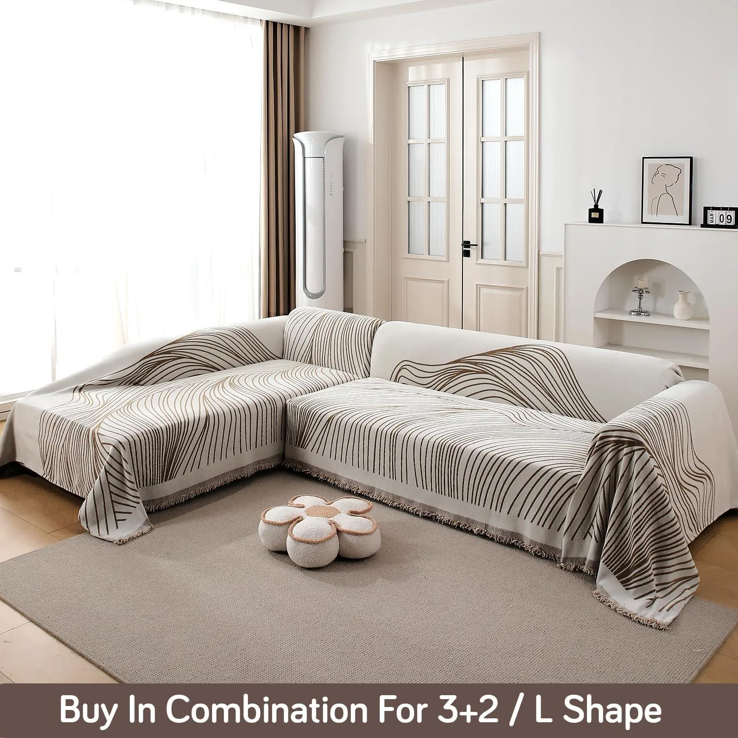 Coffee Colour, Wavy Print, All-Season Chenille Sofa Throw | Anti-Slip