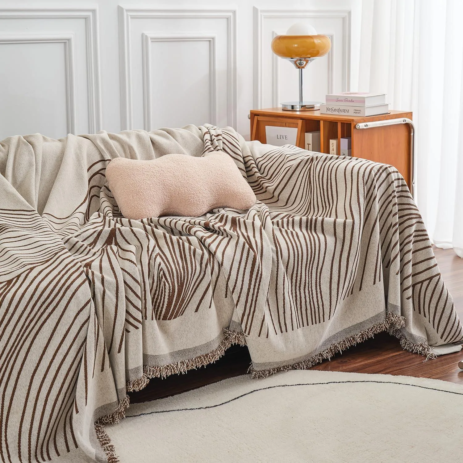 Coffee Colour, Wavy Print, All-Season Chenille Sofa Throw | Anti-Slip