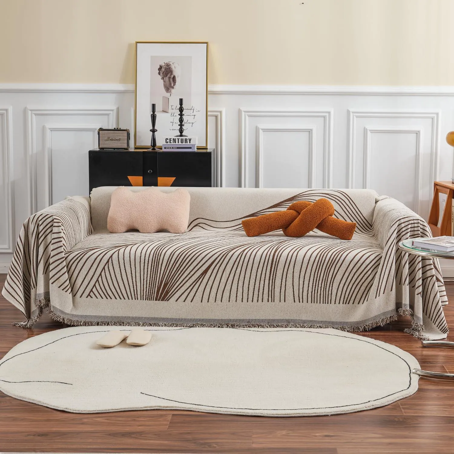 Coffee Colour, Wavy Print, All-Season Chenille Sofa Throw | Anti-Slip