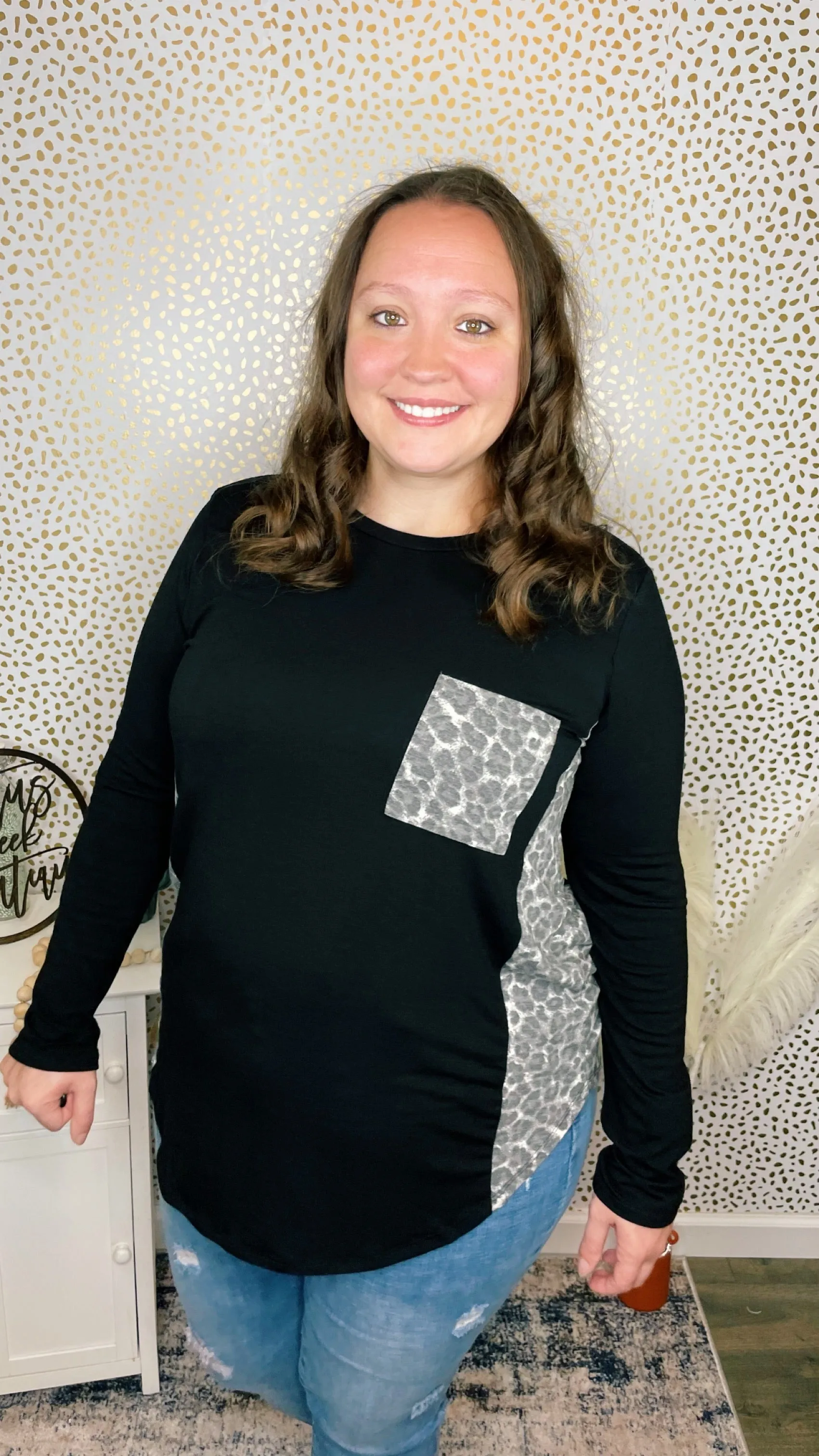 Contrast Side Panel Leopard Front Pocket Top