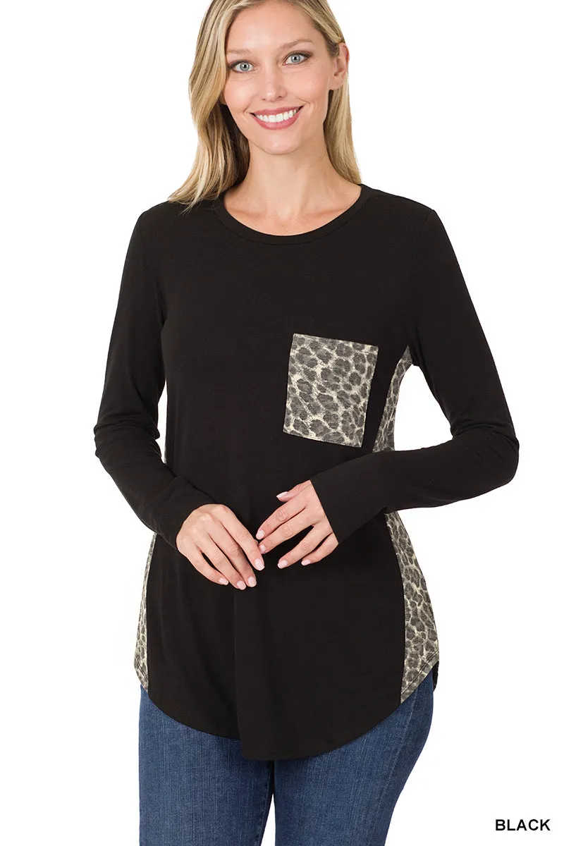 Contrast Side Panel Leopard Front Pocket Top