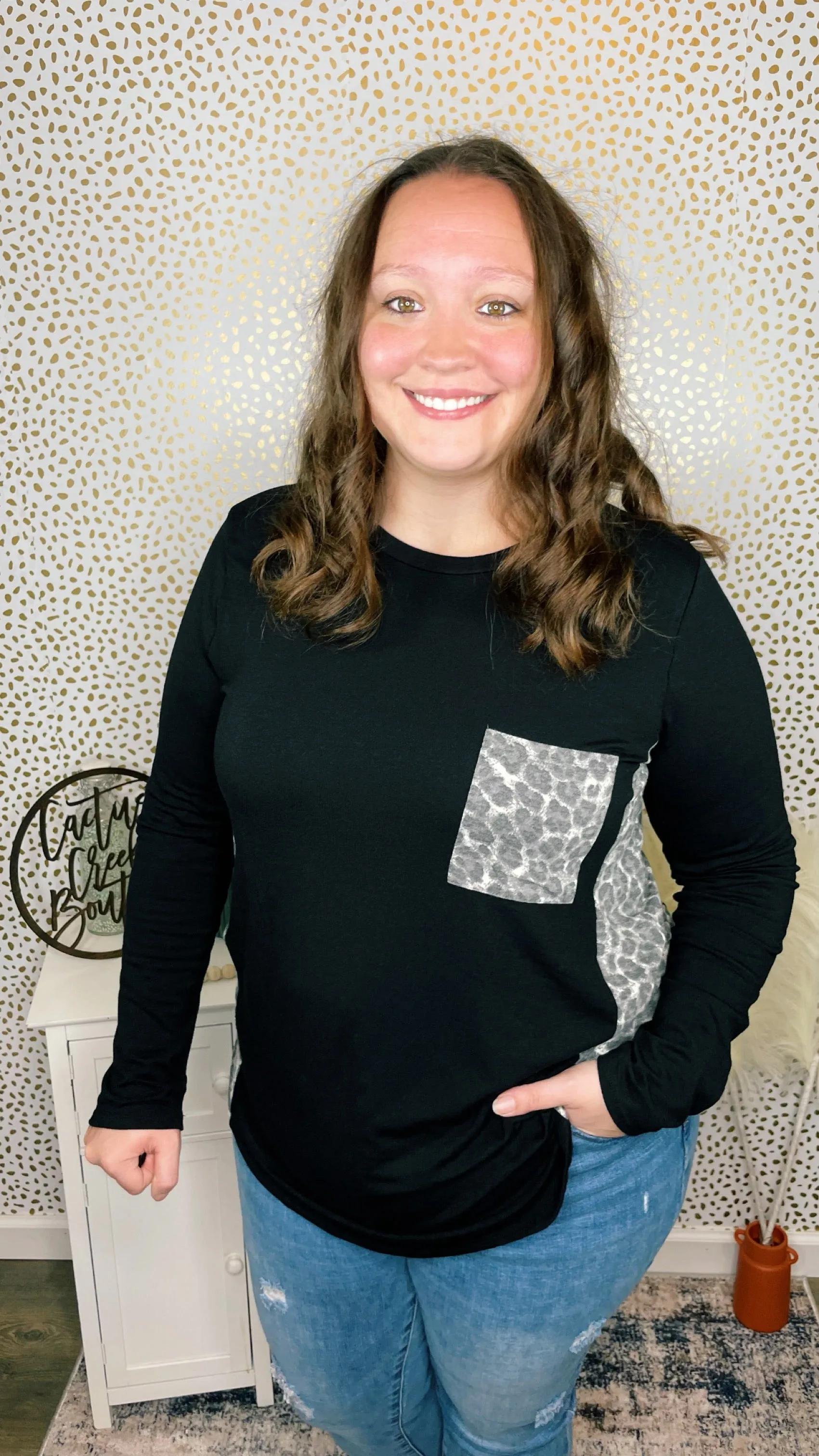 Contrast Side Panel Leopard Front Pocket Top
