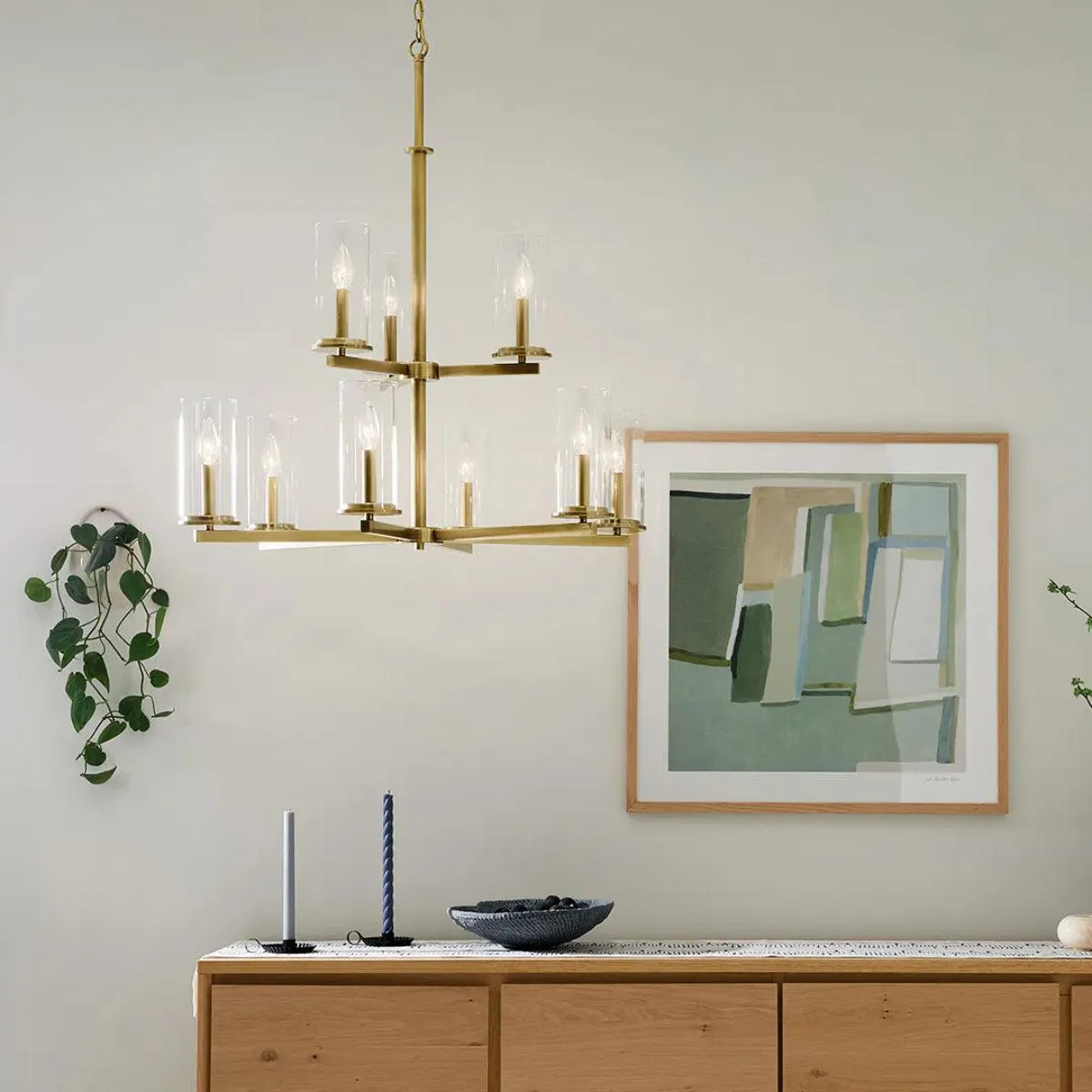 Crosby 33" 9-Light Chandelier Multi-Tier with Clear Glass, Natural brass Finish