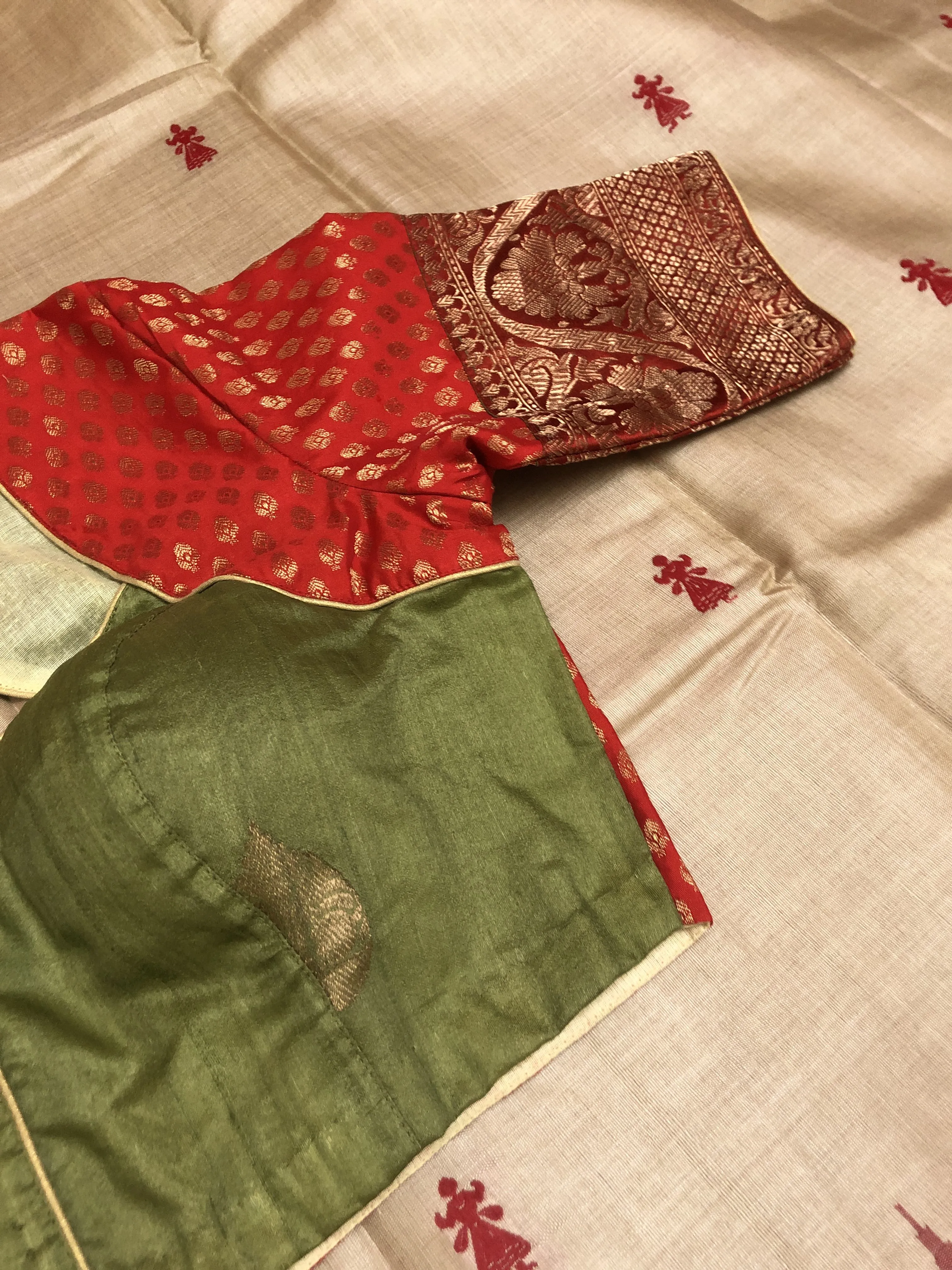Dark Red and Green Color Designer Tussar Blouse with Chanderi Work