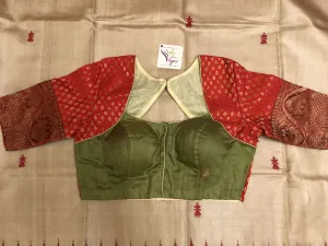 Dark Red and Green Color Designer Tussar Blouse with Chanderi Work