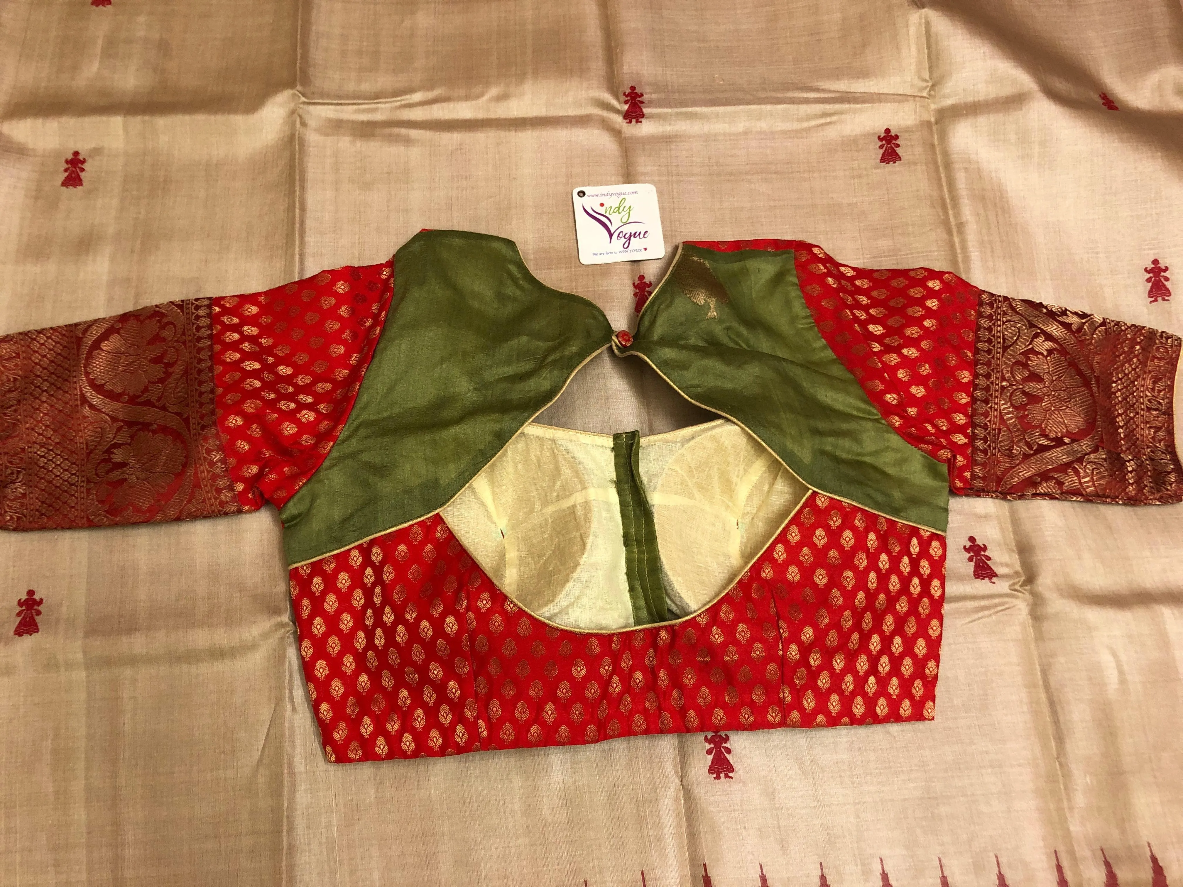 Dark Red and Green Color Designer Tussar Blouse with Chanderi Work