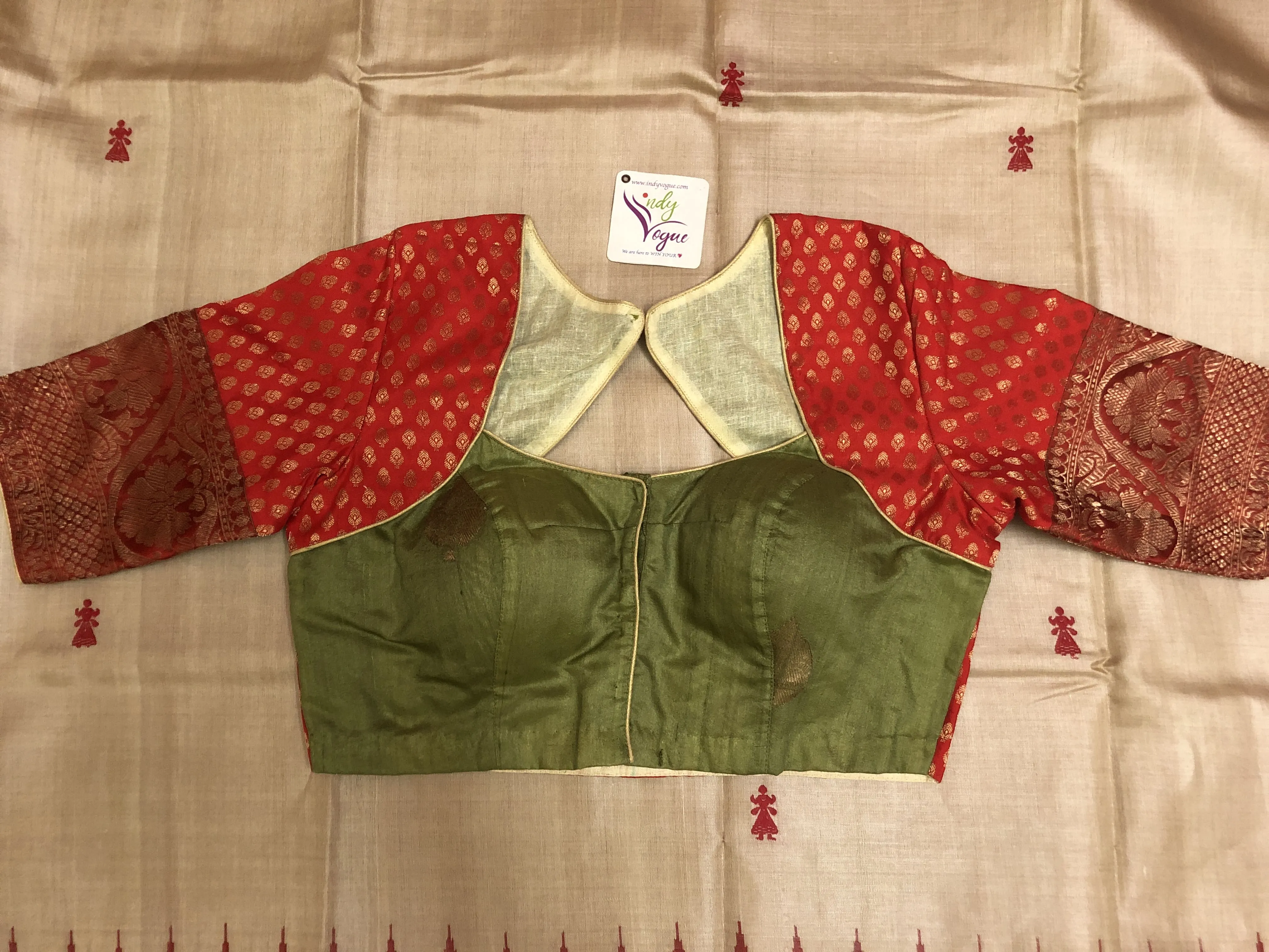 Dark Red and Green Color Designer Tussar Blouse with Chanderi Work