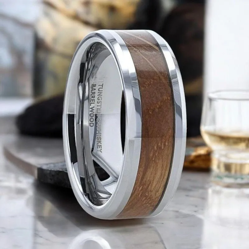 DISTILLED | Silver Tungsten Ring, Whiskey Barrel Inlay, Beveled