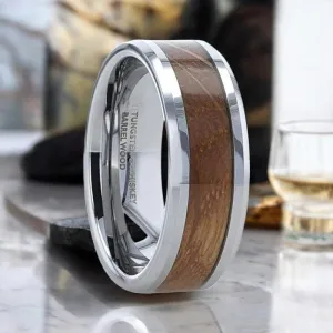 DISTILLED | Silver Tungsten Ring, Whiskey Barrel Inlay, Beveled