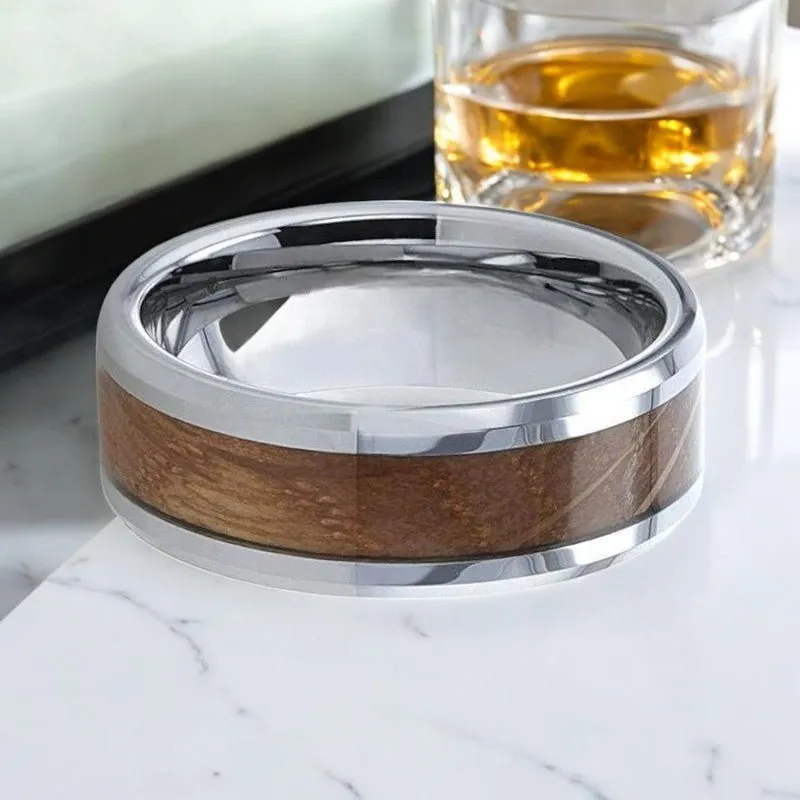 DISTILLED | Silver Tungsten Ring, Whiskey Barrel Inlay, Beveled