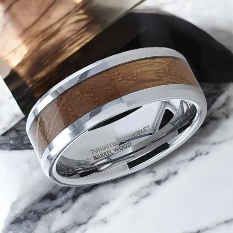 DISTILLED | Silver Tungsten Ring, Whiskey Barrel Inlay, Beveled