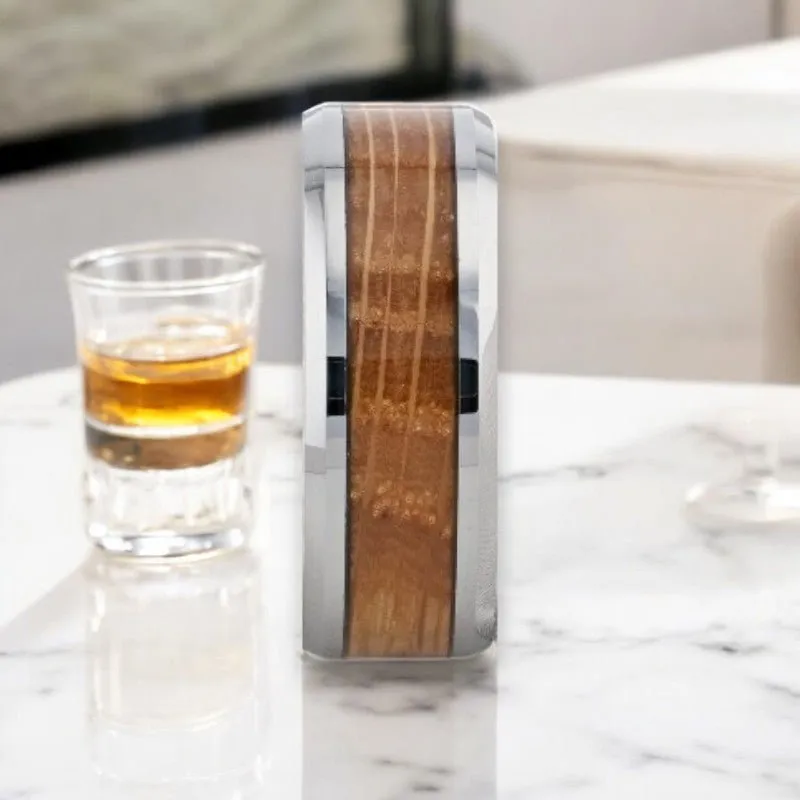 DISTILLED | Silver Tungsten Ring, Whiskey Barrel Inlay, Beveled