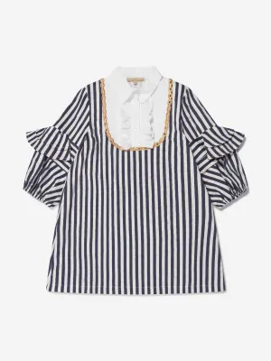 Elie Saab Girls Cotton And Silk Striped Ruffle Trim Dress