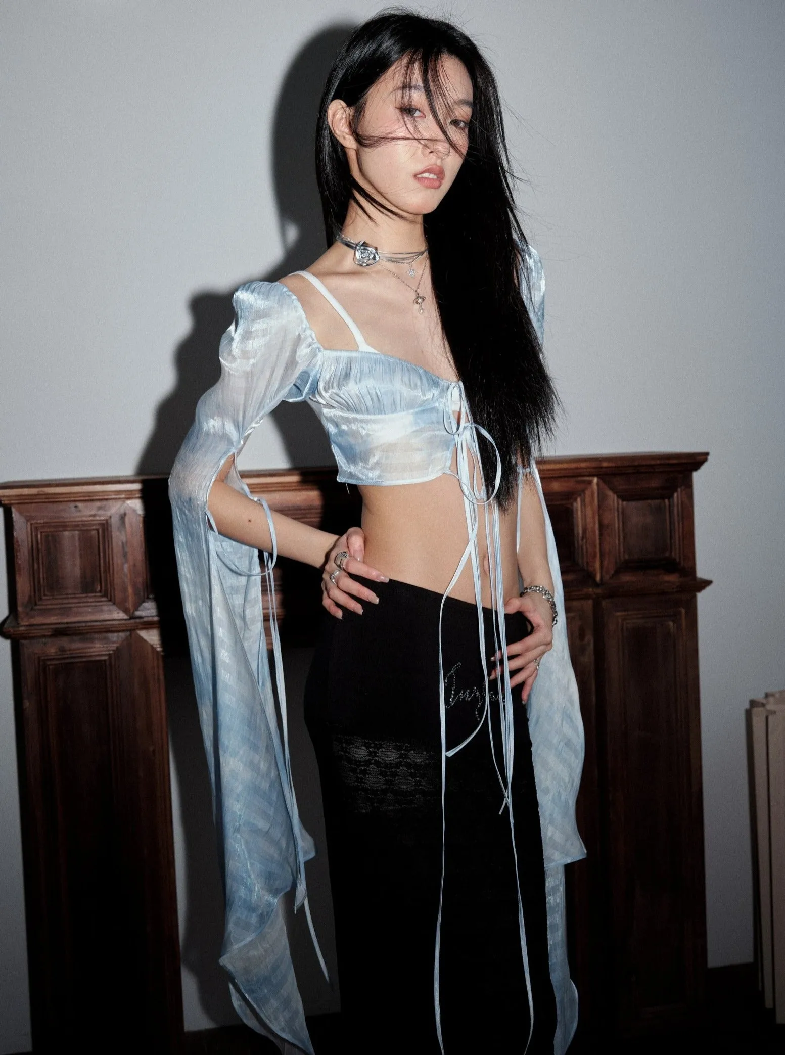 Ethereal Mist Tie-Front Butterfly Sleeve Top