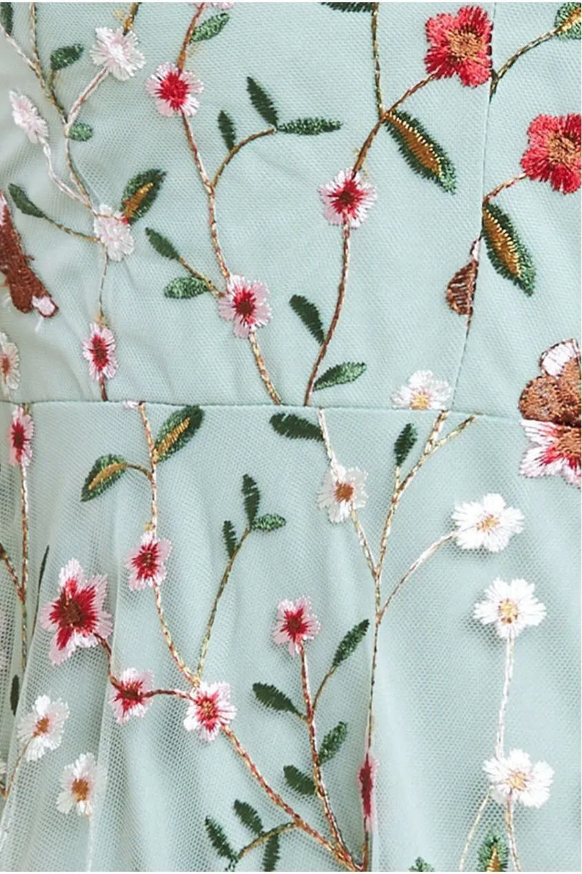 Flutter Sleeve Floral Embroidered Maxi - Sage Green by Goddiva
