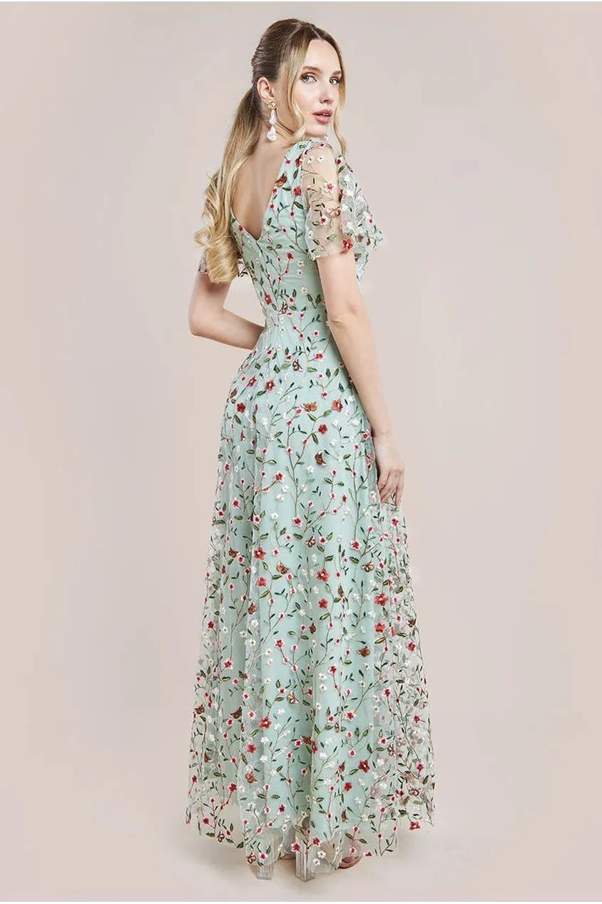 Flutter Sleeve Floral Embroidered Maxi - Sage Green by Goddiva