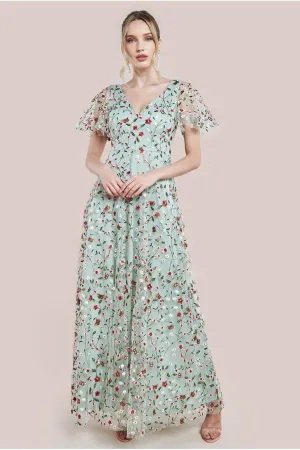 Flutter Sleeve Floral Embroidered Maxi - Sage Green by Goddiva