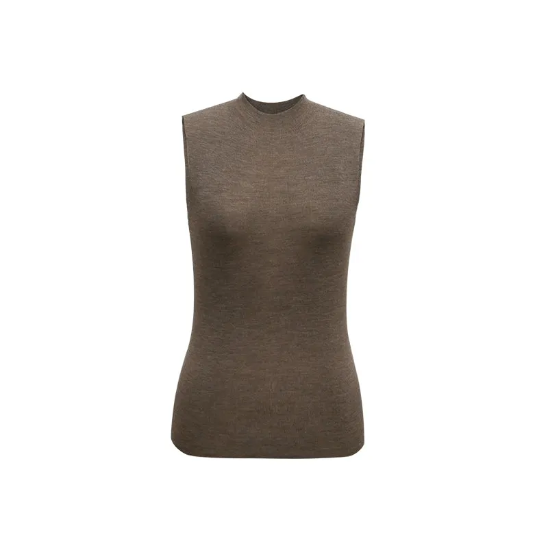 French Semi-High Neck Wool Knit Seamless Blue Tank Top