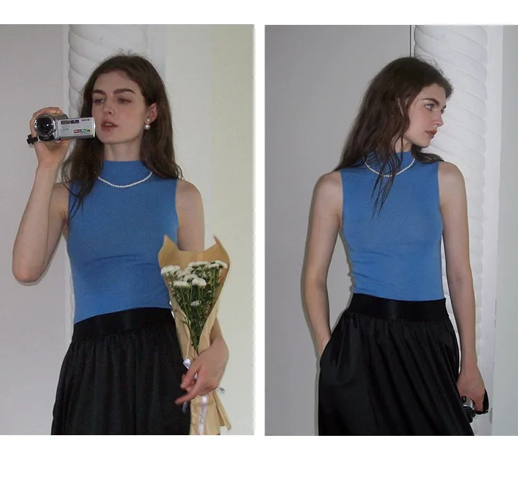 French Semi-High Neck Wool Knit Seamless Blue Tank Top