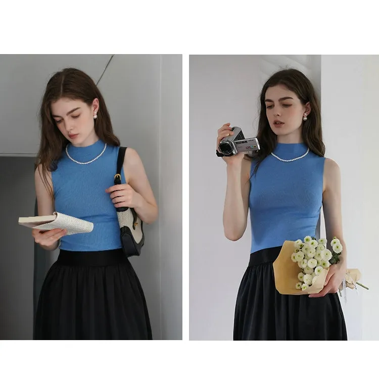 French Semi-High Neck Wool Knit Seamless Blue Tank Top