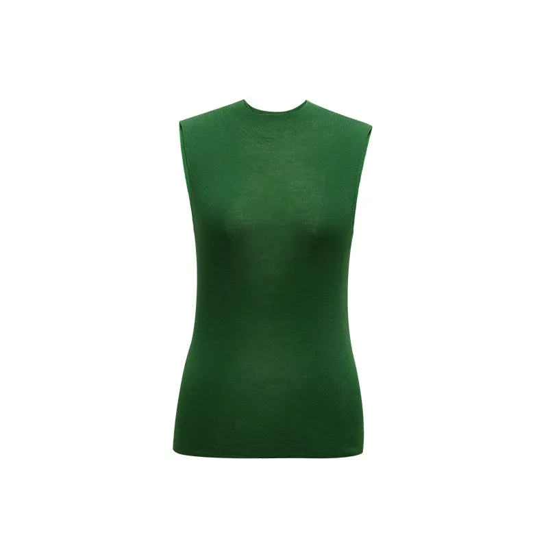 French Semi-High Neck Wool Knit Seamless Blue Tank Top