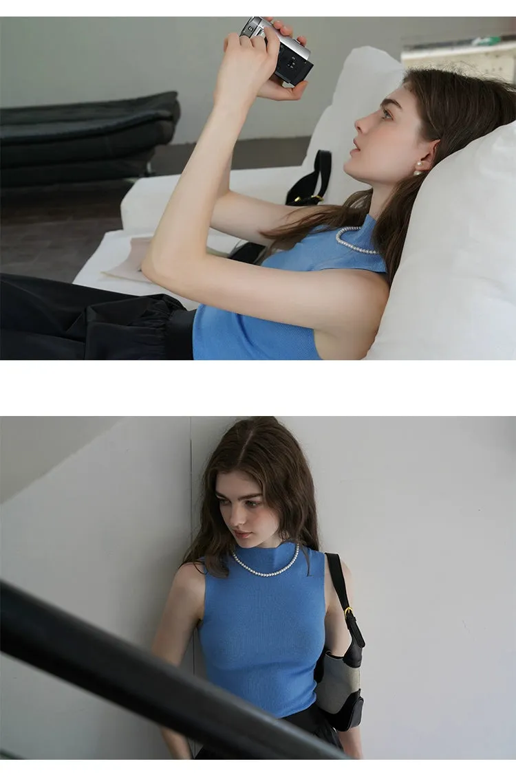 French Semi-High Neck Wool Knit Seamless Blue Tank Top