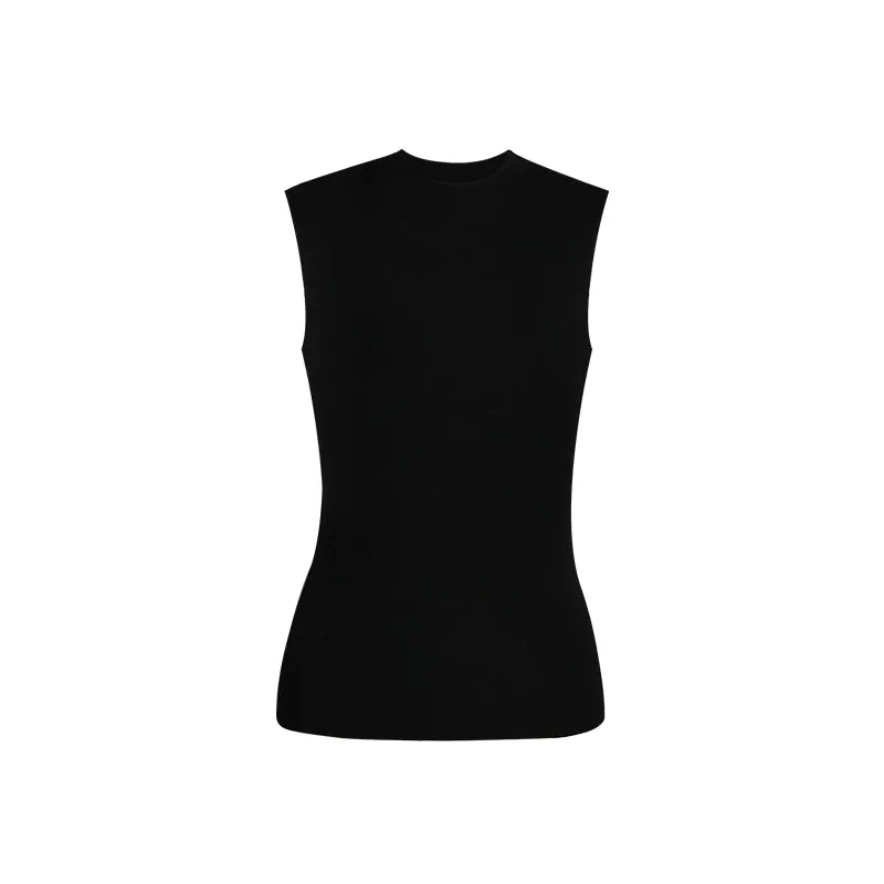 French Semi-High Neck Wool Knit Seamless Blue Tank Top