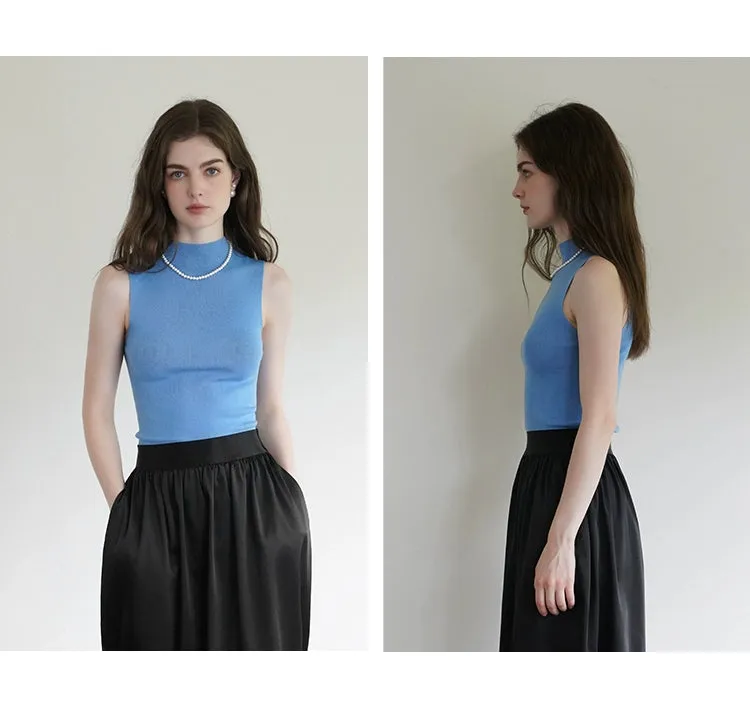 French Semi-High Neck Wool Knit Seamless Blue Tank Top
