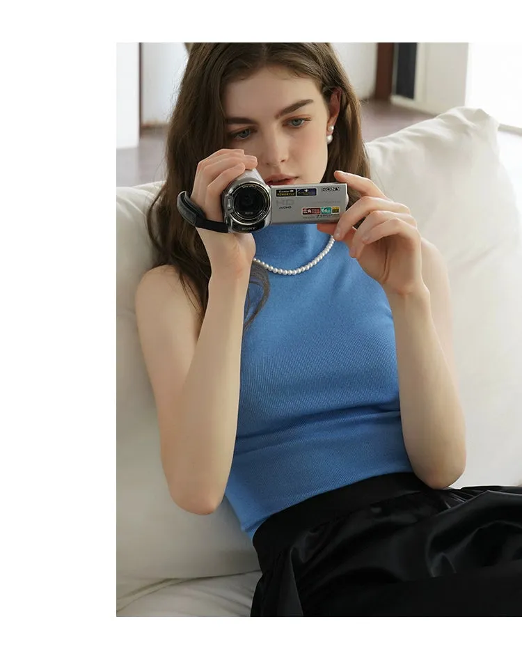 French Semi-High Neck Wool Knit Seamless Blue Tank Top